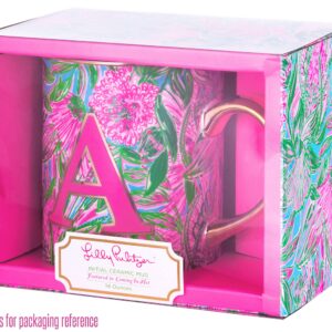 Lilly Pulitzer Initial Ceramic Coffee Mug, 14 Oz Tea Cup, Cute Mug with Gold Handle and Gift Box, K (Coming In Hot)