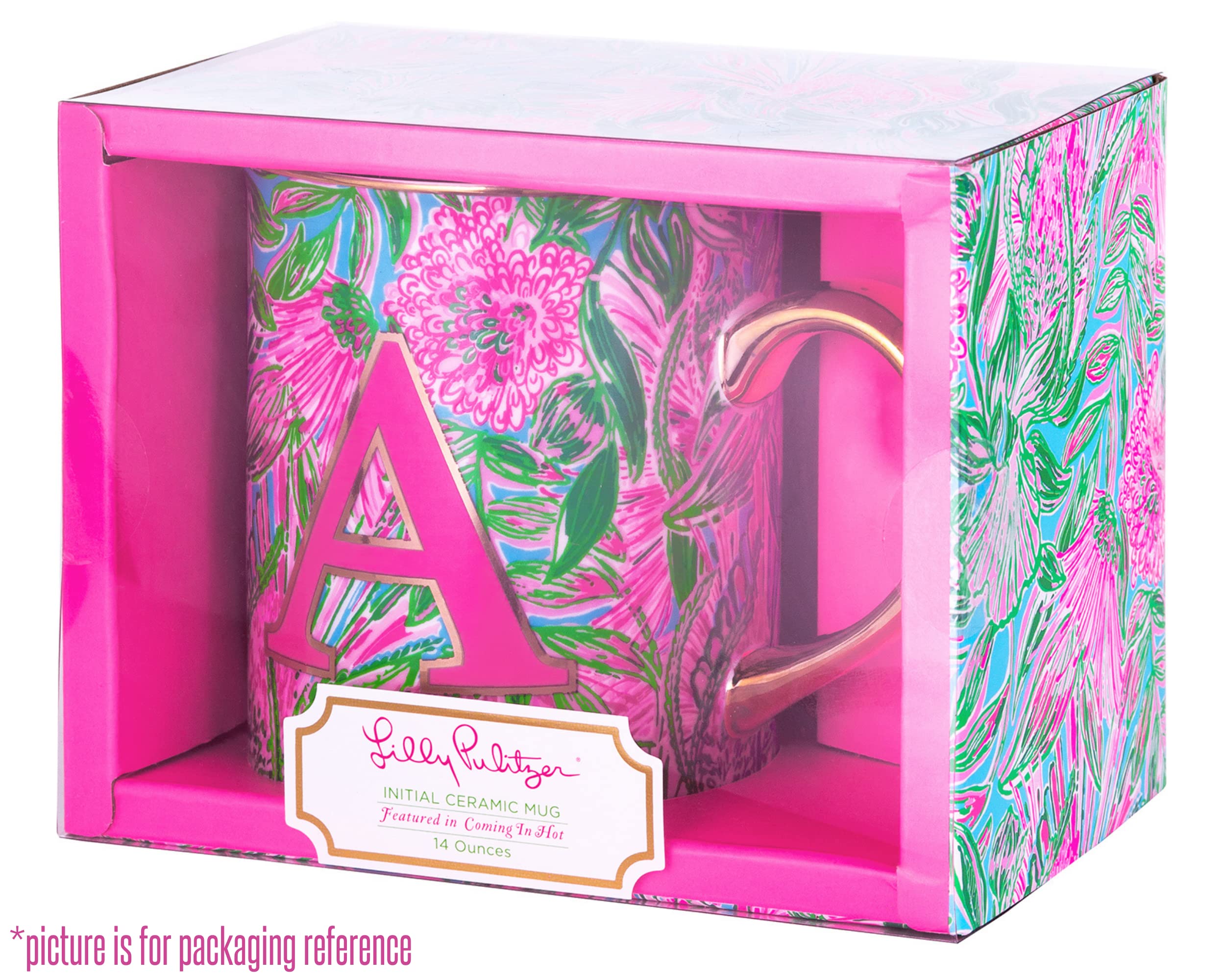 Lilly Pulitzer Initial Ceramic Coffee Mug, 14 Oz Tea Cup, Cute Mug with Gold Handle and Gift Box, K (Coming In Hot)
