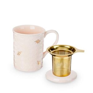 pinky up annette ceramic tea mug and loose leaf tea infuser, loos leaf tea accessories, tea tumbler cup, honeycomb design, 12 oz