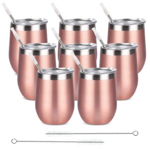 8 pack 12 oz stainless steel stemless wine tumbler with lid and straw, double wall vacuum insulated wine glass for wine, coffee, cocktails, champagne, ice cream, outdoor, picnic, set of 8, rose gold