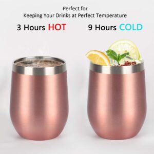 8 Pack 12 Oz Stainless Steel Stemless Wine Tumbler with Lid and Straw, Double Wall Vacuum Insulated Wine Glass for Wine, Coffee, Cocktails, Champagne, Ice Cream, Outdoor, Picnic, Set of 8, Rose Gold