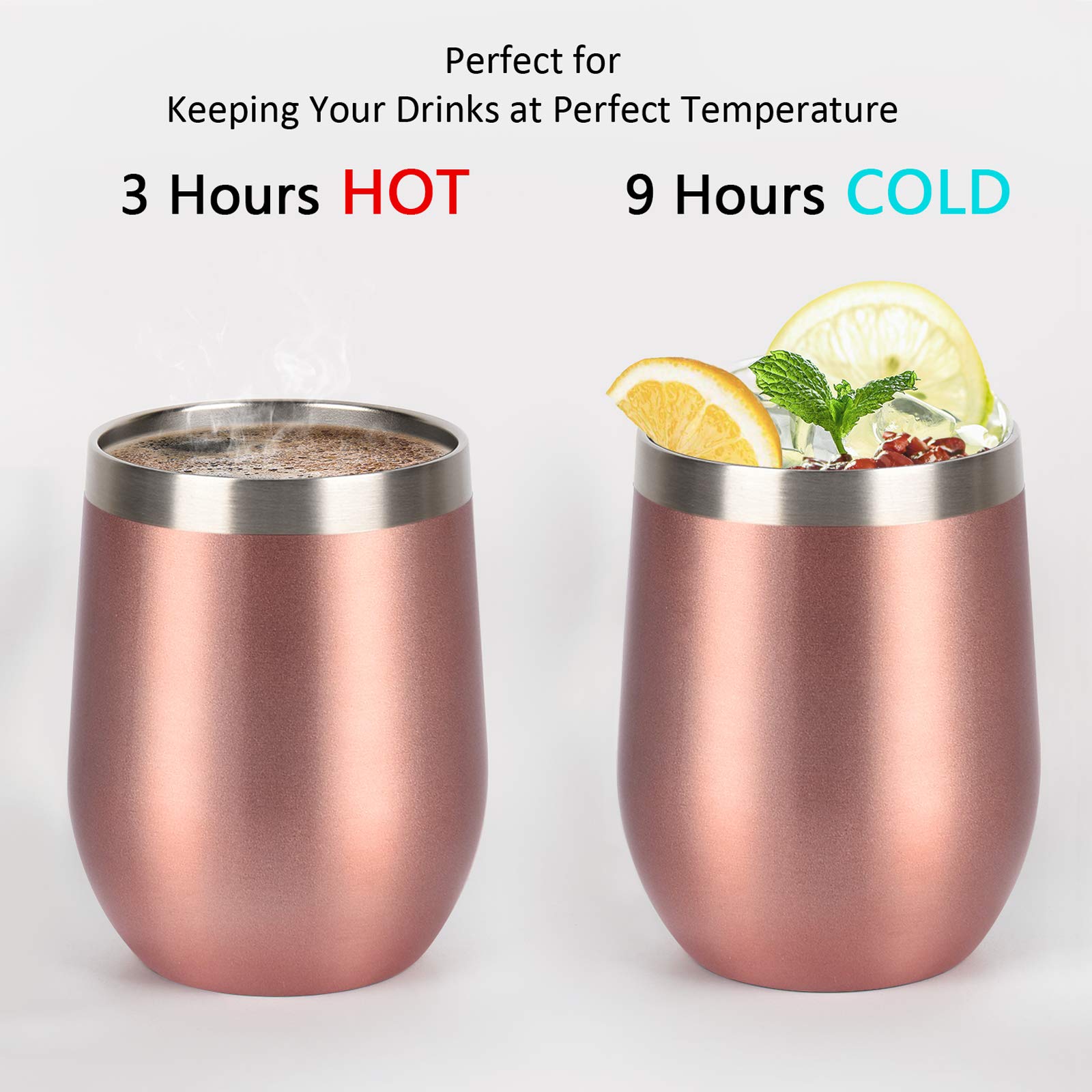 8 Pack 12 Oz Stainless Steel Stemless Wine Tumbler with Lid and Straw, Double Wall Vacuum Insulated Wine Glass for Wine, Coffee, Cocktails, Champagne, Ice Cream, Outdoor, Picnic, Set of 8, Rose Gold