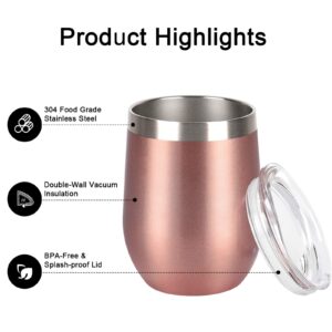 8 Pack 12 Oz Stainless Steel Stemless Wine Tumbler with Lid and Straw, Double Wall Vacuum Insulated Wine Glass for Wine, Coffee, Cocktails, Champagne, Ice Cream, Outdoor, Picnic, Set of 8, Rose Gold