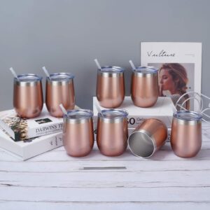 8 Pack 12 Oz Stainless Steel Stemless Wine Tumbler with Lid and Straw, Double Wall Vacuum Insulated Wine Glass for Wine, Coffee, Cocktails, Champagne, Ice Cream, Outdoor, Picnic, Set of 8, Rose Gold