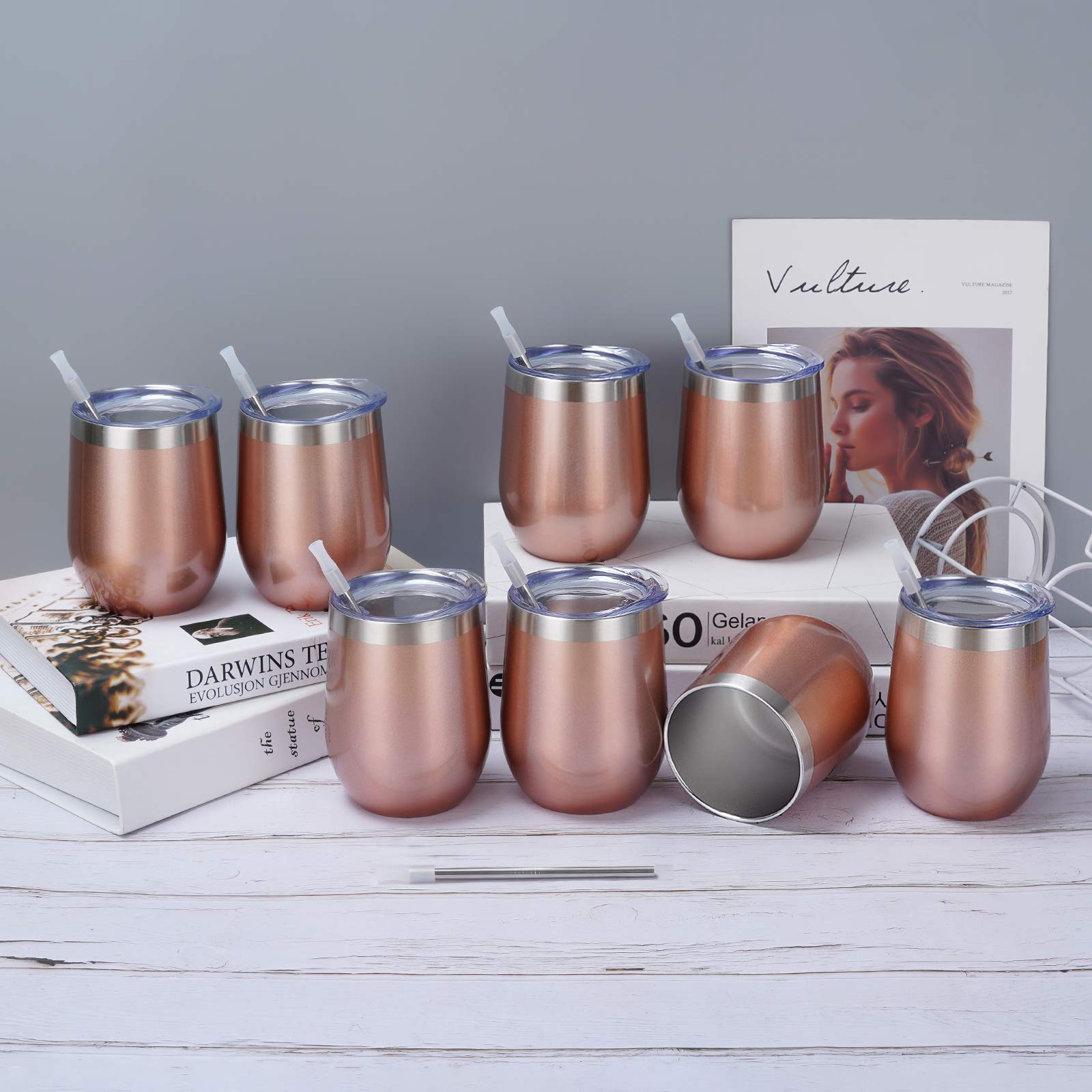 8 Pack 12 Oz Stainless Steel Stemless Wine Tumbler with Lid and Straw, Double Wall Vacuum Insulated Wine Glass for Wine, Coffee, Cocktails, Champagne, Ice Cream, Outdoor, Picnic, Set of 8, Rose Gold