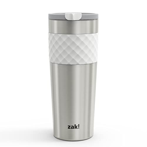 Zak Designs Aberdeen Vacuum Insulated 18/8 Stainless Steel Travel Tumbler with Leak-Proof Click Lid and Silicone Wrap, Fits in Car Cup Holders (Non-BPA, 24 oz, White)