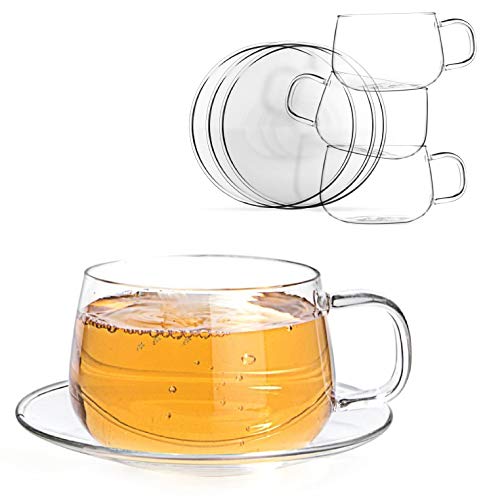 Tealyra - La Lune - Glasses - 10.1-ounce - Set of 4 - Clear and Lightweight Glass Tea and Coffee Cup with Saucer - 300ml