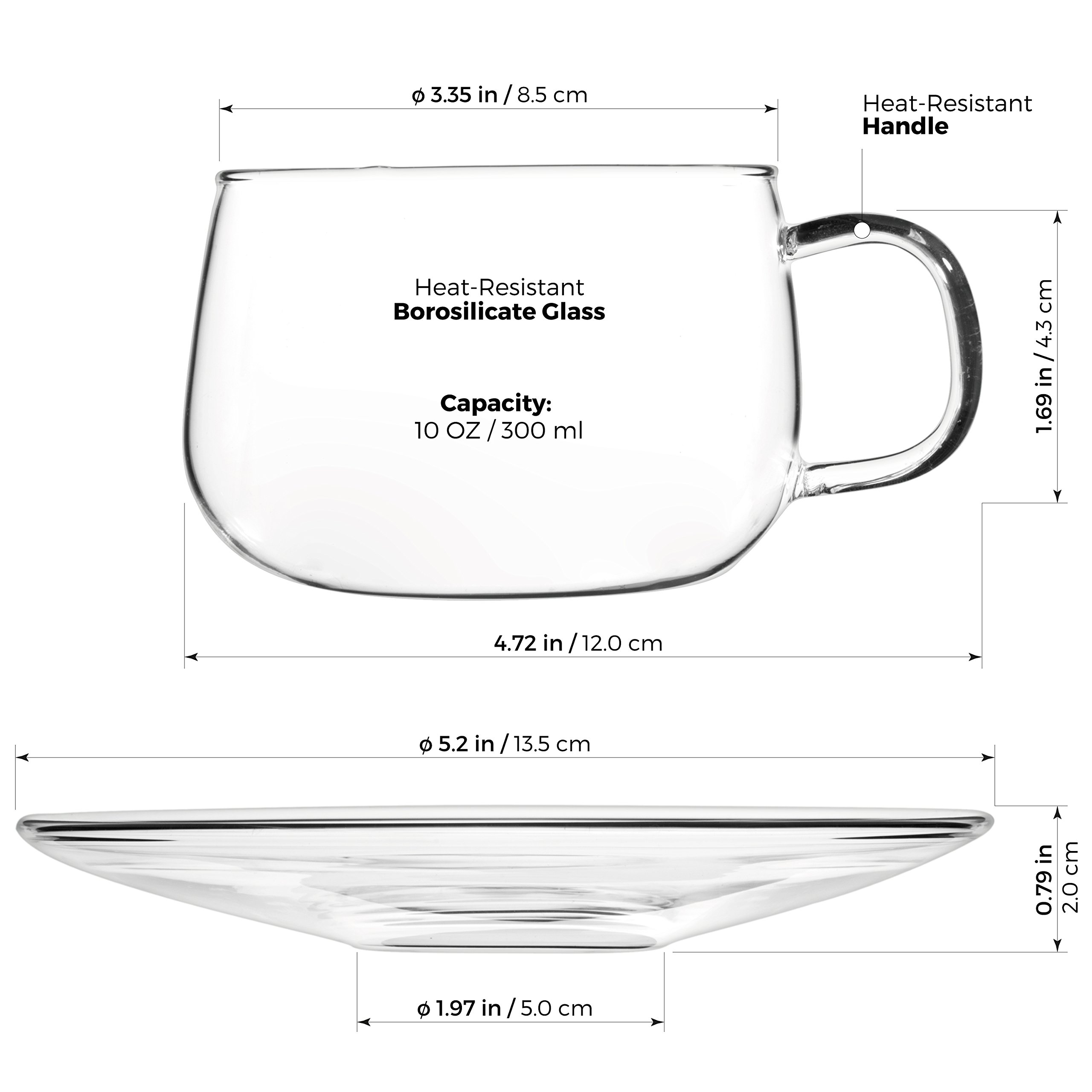 Tealyra - La Lune - Glasses - 10.1-ounce - Set of 4 - Clear and Lightweight Glass Tea and Coffee Cup with Saucer - 300ml