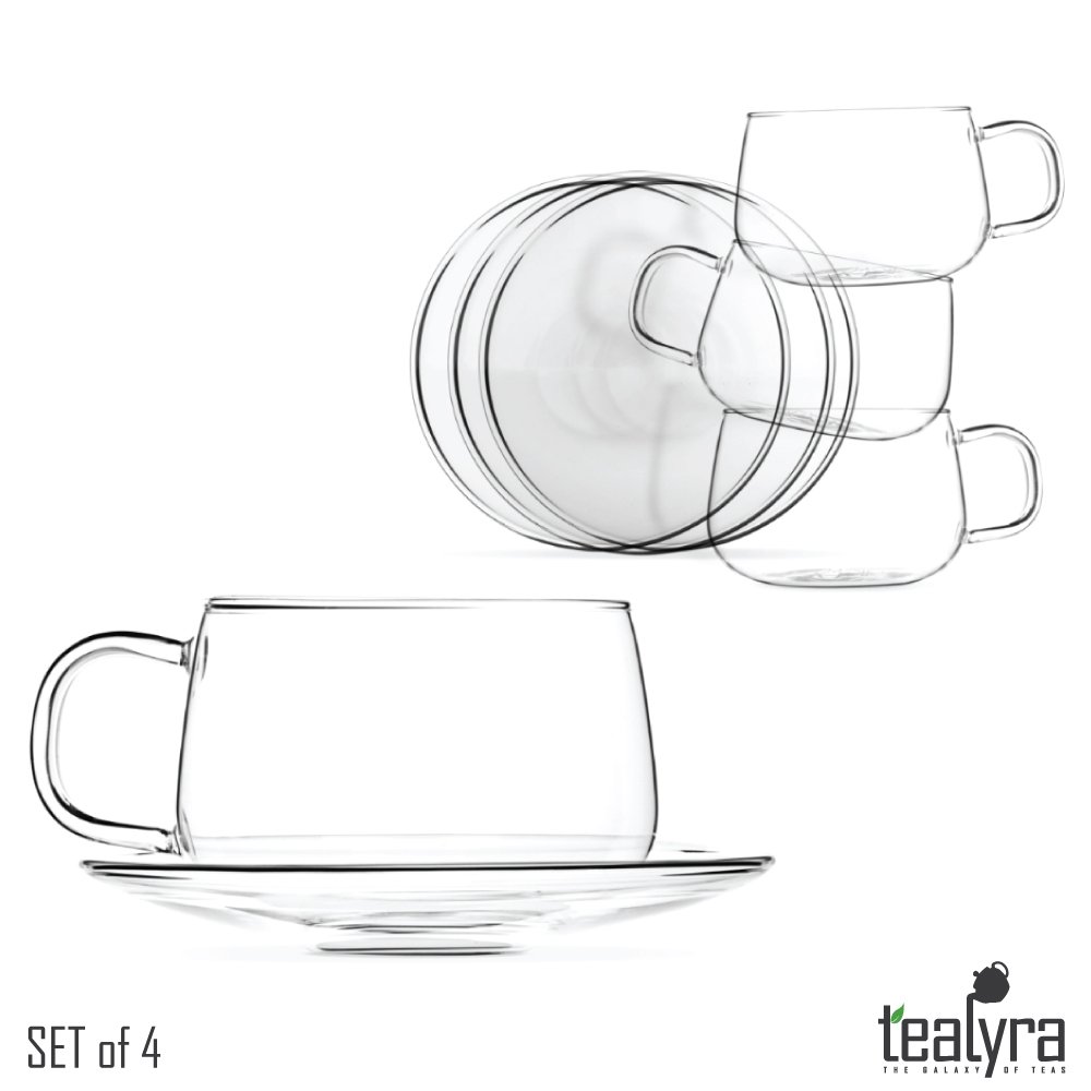 Tealyra - La Lune - Glasses - 10.1-ounce - Set of 4 - Clear and Lightweight Glass Tea and Coffee Cup with Saucer - 300ml