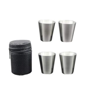 lasenersm 4 pieces 30ml (1oz) stainless steel shot cups shot glass drinking vessel with one black pu-leather carrying case outdoor camping travel coffee tea cup, silver cup, black case