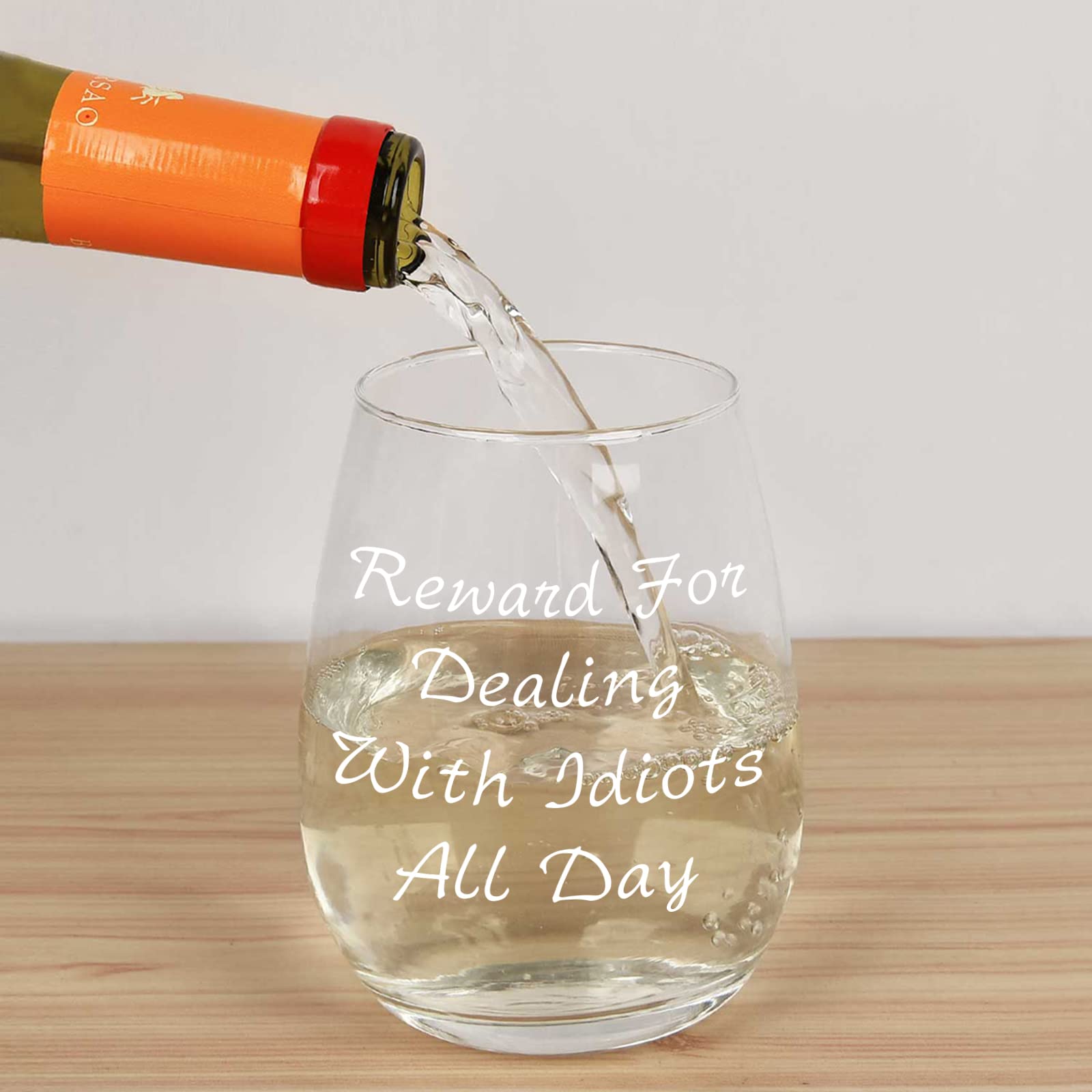 Futtumy Reward For Dealing With Idiots All Day Stemless Wine Glass 15oz, Funny Wine Glass for Men Women Friend Coworker, Novelty Christmas Gift Birthday Gift Gag Gift White Elephant Exchange Gift