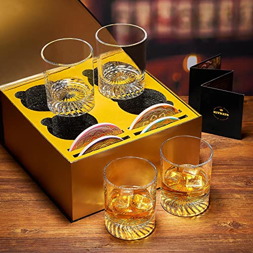 KITNATS Old Fashioned Whiskey Glasses Set of 4 12oz Rocks Glasses Coaster set Drinking for Bourbon Scotch Cocktails Rum Cognac Vodka Perfect Gifts for Men