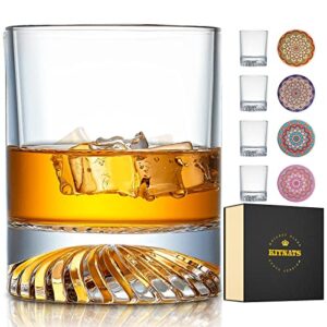 kitnats old fashioned whiskey glasses set of 4 12oz rocks glasses coaster set drinking for bourbon scotch cocktails rum cognac vodka perfect gifts for men