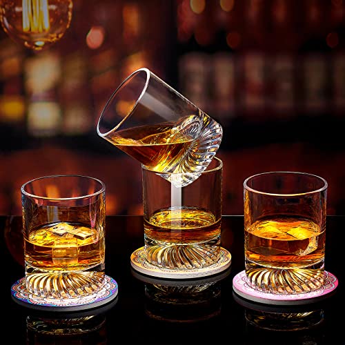 KITNATS Old Fashioned Whiskey Glasses Set of 4 12oz Rocks Glasses Coaster set Drinking for Bourbon Scotch Cocktails Rum Cognac Vodka Perfect Gifts for Men