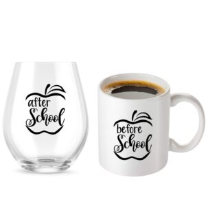 before school after school teacher wine glass + coffee mug gifts set - for teachers, grad school, counselor, day care worker, aide, principal, kindergarden, or law school care package
