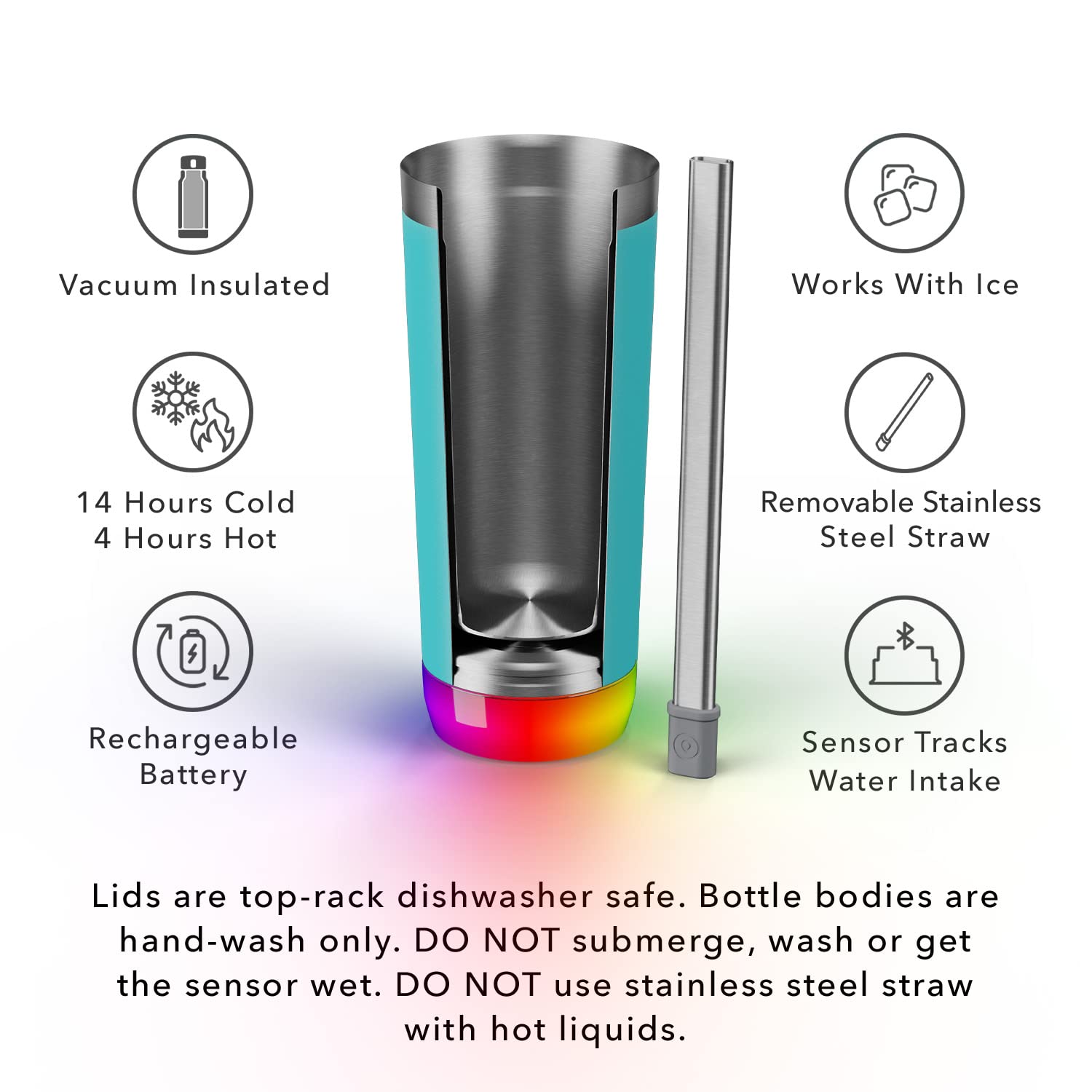 Hidrate Spark PRO Smart Tumbler with Lid & Straw – Insulated Stainless Steel – Tracks Water Intake with Bluetooth, LED Glow Reminder When You Need to Drink – 20oz, Sea Glass