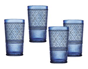 godinger highball drinking glasses, tall glass cups, vintage decor, water glasses, cocktail glasses - claro collection, large 17oz, blue, set of 4