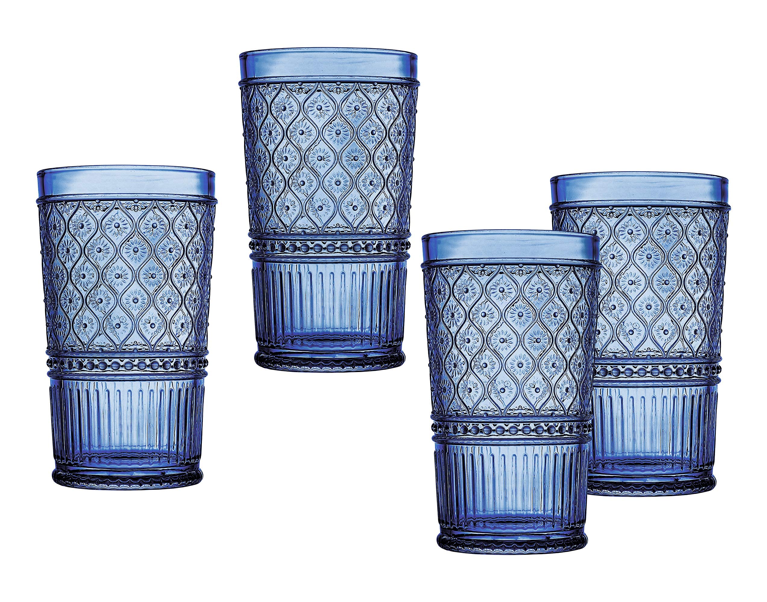 Godinger Highball Drinking Glasses, Tall Glass Cups, Vintage Decor, Water Glasses, Cocktail Glasses - Claro Collection, Large 17oz, Blue, Set of 4