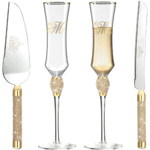 iooiluxry wedding cake knife and server set, bridal shower gifts for bride mr and mrs champagne flutes glass and cake cutting set for wedding engagement gifts (gold)