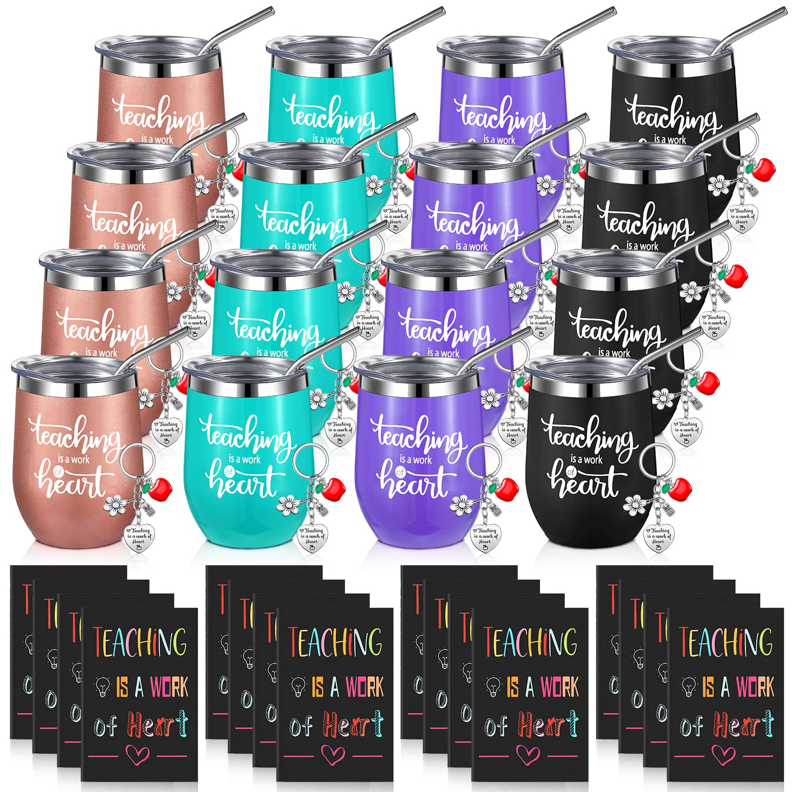 Didaey 48 Pcs Teacher Appreciation Gift Bulk Thank You Teacher Gift for Women 12 oz Wine Tumbler Coffee Mug with Straw Lid Mini Notepad Keychain for Teacher Appreciation Retirement Gifts(Multicolor)