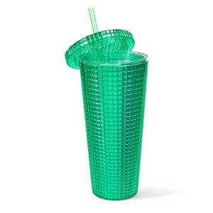 west & fifth grid plastic cold-cup tumbler with straw, iridescent semi-transparent square-textured cup, bpa-free double-wall cup for iced coffee, cold drinks, or water, 24oz., mint