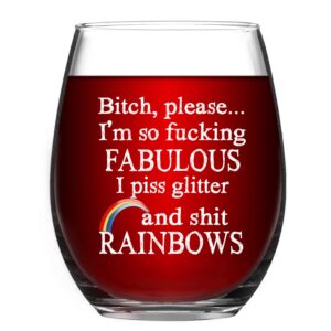 funny wine glass gift for women 15oz, please i’m so fabulous i pee glitter stemless wine glass, unique inspirational gifts for women best friends sisters bff girlfriends, birthday christmas gifts