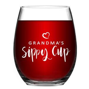 grandma's sippy cup funny stemless wine glass, grandma wine glass 15oz - birthday gift or mother's day gift for grandma, new grandma, wife, mom