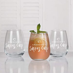 Grandma's Sippy Cup Funny Stemless Wine Glass, Grandma Wine Glass 15Oz - Birthday Gift or Mother's Day Gift for Grandma, New Grandma, Wife, Mom