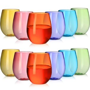 12 pack plastic stemless wine glasses bulk 12oz, hot water safe, reusable rainbow color wine glasses, shatterproof plastic no stem drinking cup glasses for thanksgiving christmas new year holiday