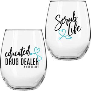 nurse gifts for women funny wine glass 2 pc set - 17 oz stemless wine glass - funny nurse practitioner gifts rn nurses nicu nurses and student in nursing school - great for coworker appreciation gift