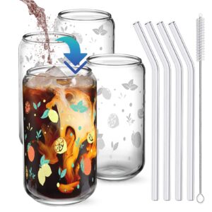 cold temperature change glass cup - 4 pack, 16 oz can shaped glass cups, drinking glasses, beer mug, iced coffee mug, cola mug, water mug, soda mug, with glass straw and two cleaning brushes