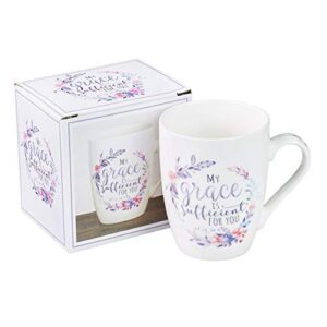 Christian Art Gifts Ceramic Coffee and Tea Mug 12 oz Inspirational Bible Verse Mug for Men and Women: My Grace Is Sufficient - 2 Corinthians 12:9 Microwave and Dishwasher Safe White Floral Mug