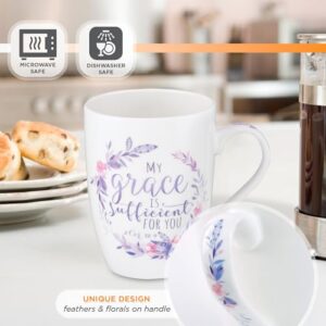 Christian Art Gifts Ceramic Coffee and Tea Mug 12 oz Inspirational Bible Verse Mug for Men and Women: My Grace Is Sufficient - 2 Corinthians 12:9 Microwave and Dishwasher Safe White Floral Mug