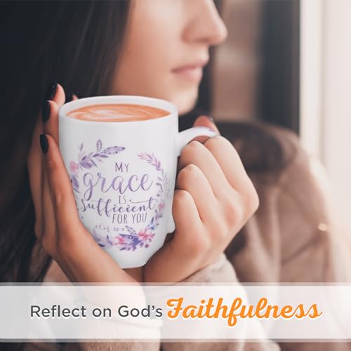 Christian Art Gifts Ceramic Coffee and Tea Mug 12 oz Inspirational Bible Verse Mug for Men and Women: My Grace Is Sufficient - 2 Corinthians 12:9 Microwave and Dishwasher Safe White Floral Mug