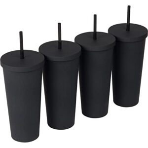zephyr canyon 24oz matte black tumblers with lids and straws - pastel double wall tumbler - insulated acrylic cups for hot & cold drinks, spill-proof reusable iced coffee cup, set of 4