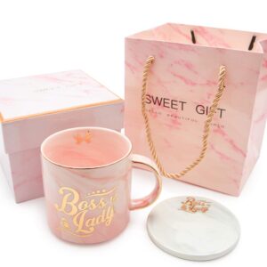 GOFOIT Boss Lady Pink Marble Ceramic Coffee Mug 11.5 Oz with Coasters Birthday Gifts for Women Mom and Girl Female Entrepreneur Business Owner Coffee Mug