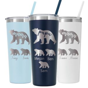 personalized laser engraved 22 oz stainless steel tumbler with custom mama/papa bear and cubs - includes straw and lid - bear, mama, papa, cubs, parent gift, mother's day gift, father's day gift