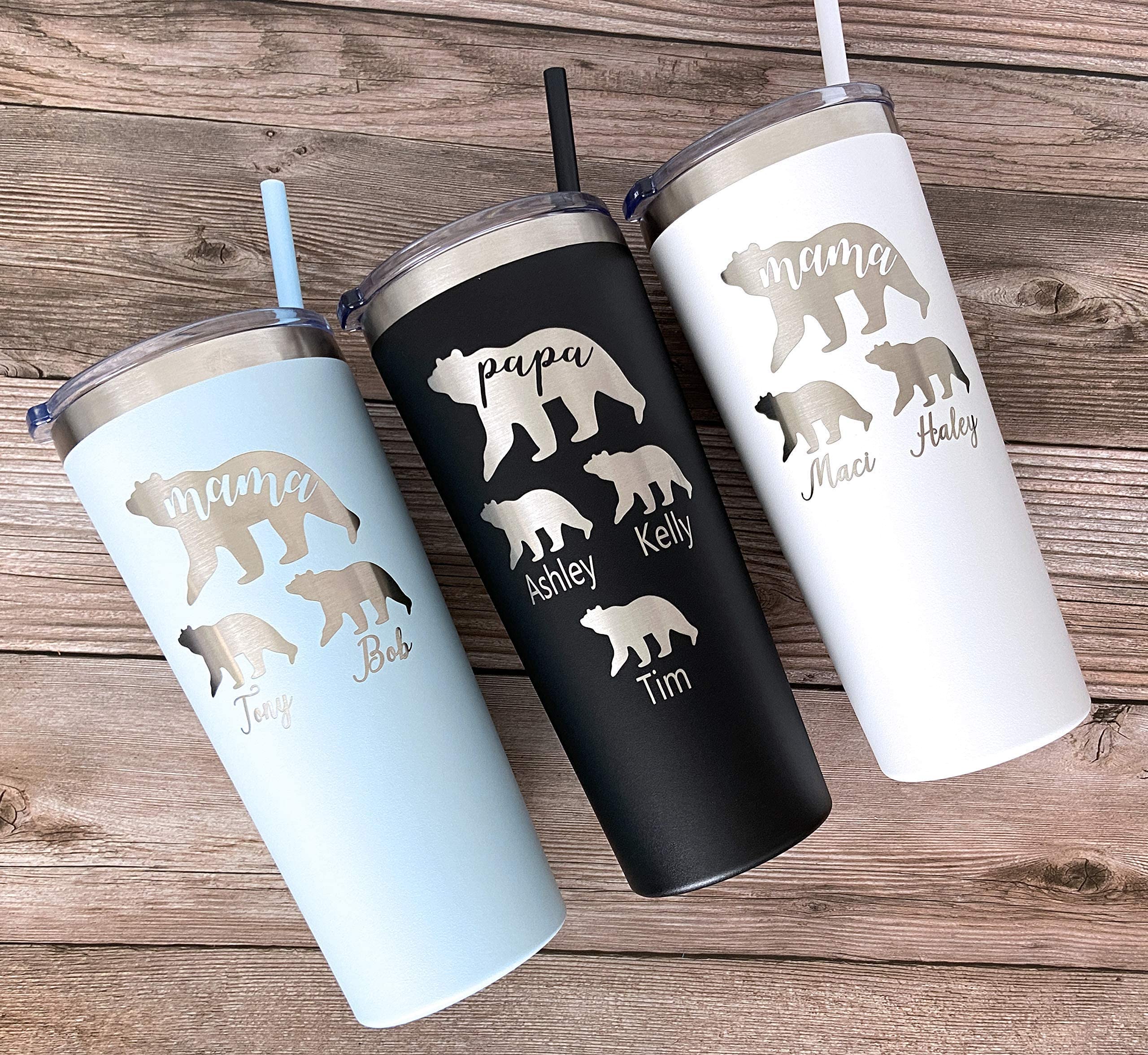 Personalized Laser Engraved 22 oz Stainless Steel Tumbler with Custom Mama/Papa Bear and Cubs - Includes Straw and Lid - Bear, Mama, Papa, Cubs, Parent Gift, Mother's Day Gift, Father's Day Gift