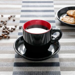 Teocera Porcelain Cappuccino Cups with Saucers - 6 Ounce for Coffee Drinks, Latte, Cafe Mocha and Tea - Set of 6, Black Multi Color