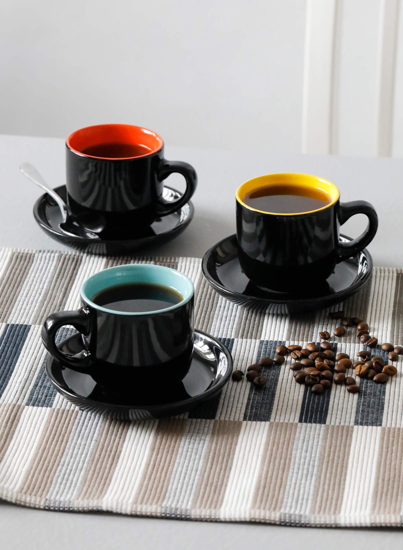 Teocera Porcelain Cappuccino Cups with Saucers - 6 Ounce for Coffee Drinks, Latte, Cafe Mocha and Tea - Set of 6, Black Multi Color