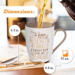 Christian Art Gifts Ceramic Coffee Mug for Women and Men 12 oz Caramel Brown Inspirational Coffee Cup - The Lord is My Strength Psalm 28:7 Non-toxic Lead and Cadmium-free Novelty Scripture Mug