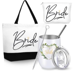 3 pieces bride gifts 12oz bride tumbler cup stainless steel drink cup with straw brush bride makeup cosmetic bag and tote bag for wedding bachelorette bridal shower engagement party favors