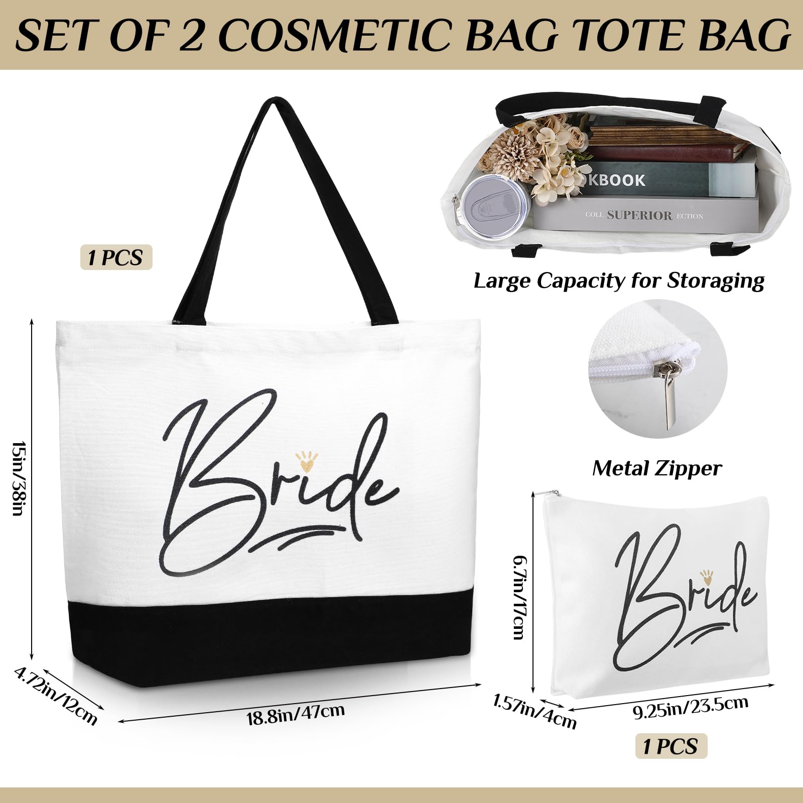 3 Pieces Bride Gifts 12oz Bride Tumbler Cup Stainless Steel Drink Cup with Straw Brush Bride Makeup Cosmetic Bag and Tote Bag for Wedding Bachelorette Bridal Shower Engagement Party Favors