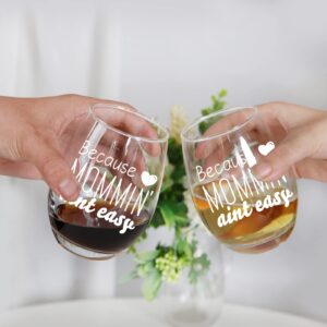 Because Mommin' Ain't Easy Wine Glass, Mom Gifts, Mothers Day, Mom Birthday Christmas Gifts, Unique Birthday Present for New Moms- Gift for Wife From Husband, Kids-Mom Wine Glass, 15 OZ