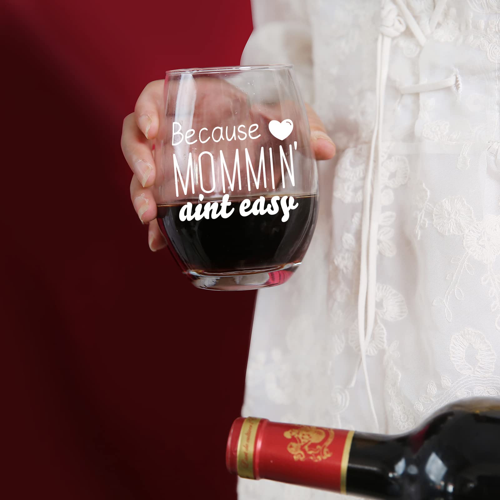 Because Mommin' Ain't Easy Wine Glass, Mom Gifts, Mothers Day, Mom Birthday Christmas Gifts, Unique Birthday Present for New Moms- Gift for Wife From Husband, Kids-Mom Wine Glass, 15 OZ