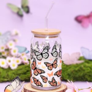nefelibata monarch butterfly beer can glass color changing iced coffee glass 16 oz orange butterflies art glass mug present with lid drinking straw spring summer memorial gifts for mom aunt friend