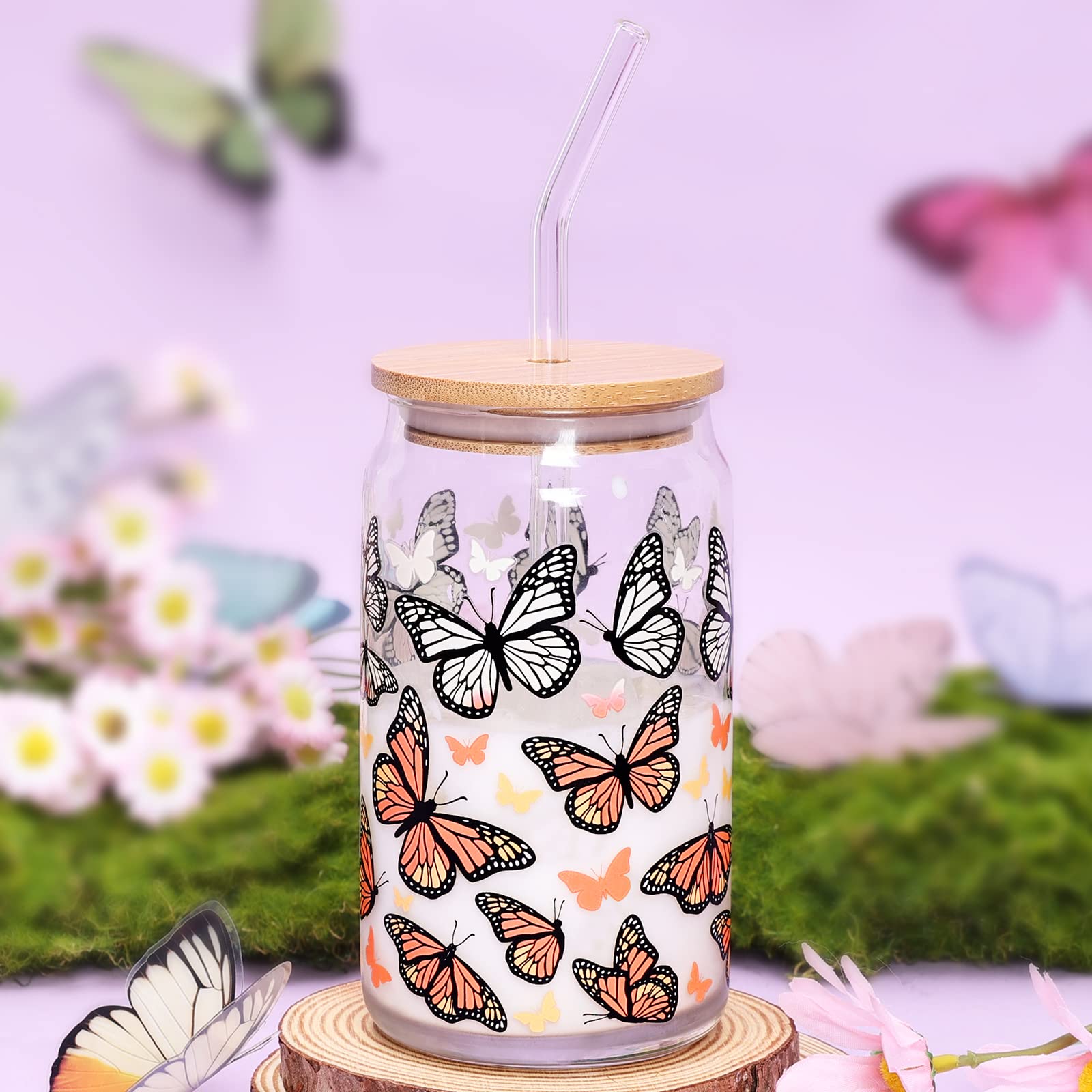 Nefelibata Monarch Butterfly Beer Can Glass Color Changing Iced Coffee Glass 16 OZ Orange Butterflies Art Glass Mug Present with Lid Drinking Straw Spring Summer Memorial Gifts for Mom Aunt Friend