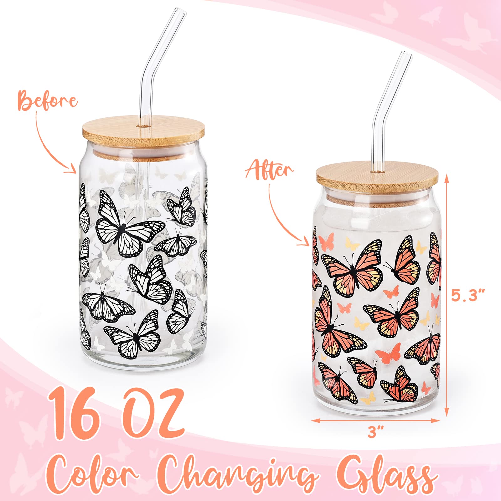 Nefelibata Monarch Butterfly Beer Can Glass Color Changing Iced Coffee Glass 16 OZ Orange Butterflies Art Glass Mug Present with Lid Drinking Straw Spring Summer Memorial Gifts for Mom Aunt Friend