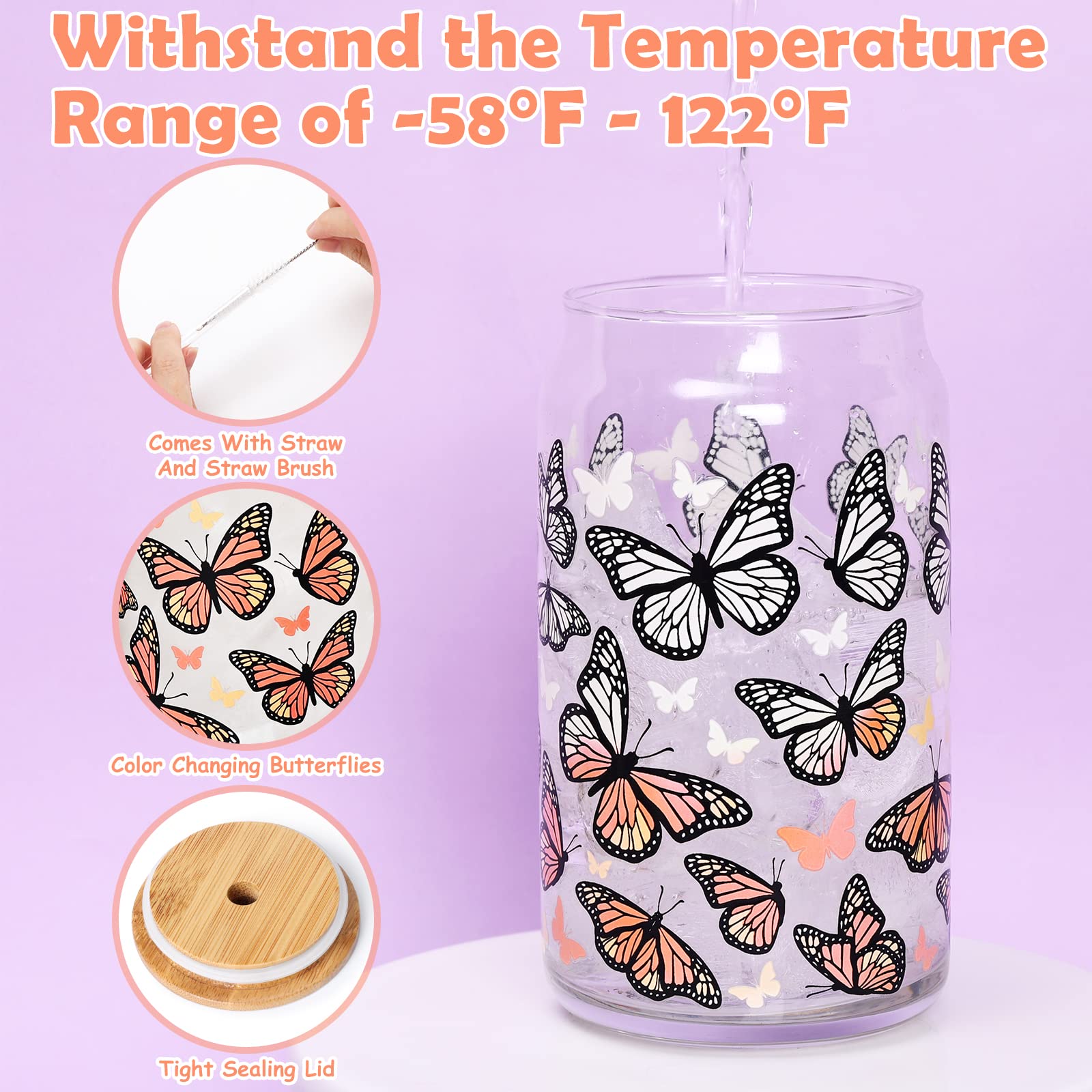 Nefelibata Monarch Butterfly Beer Can Glass Color Changing Iced Coffee Glass 16 OZ Orange Butterflies Art Glass Mug Present with Lid Drinking Straw Spring Summer Memorial Gifts for Mom Aunt Friend