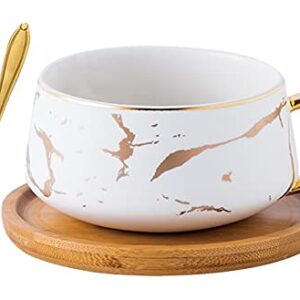 Jusalpha 10 oz Luxury Golden Hand Print Coffee Teacup with Bamboo Saucer Set Fashion Marble Pattern for Women TCS19 (White)